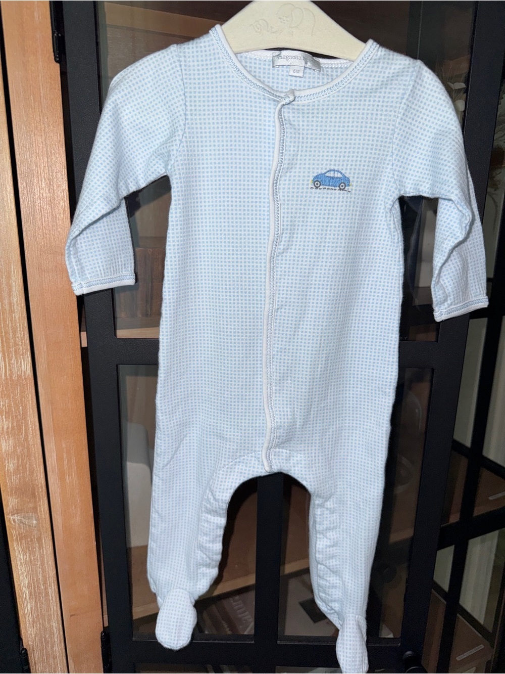 Magnolia baby footies pima snaps car embroidered sleeper boy checkered gingham